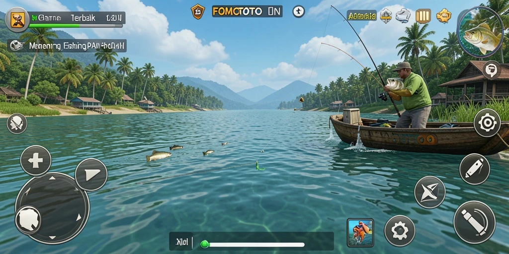 Screenshot gameplay FOMOTOTO yang menunjukkan aksi memancing yang mendebarkan.