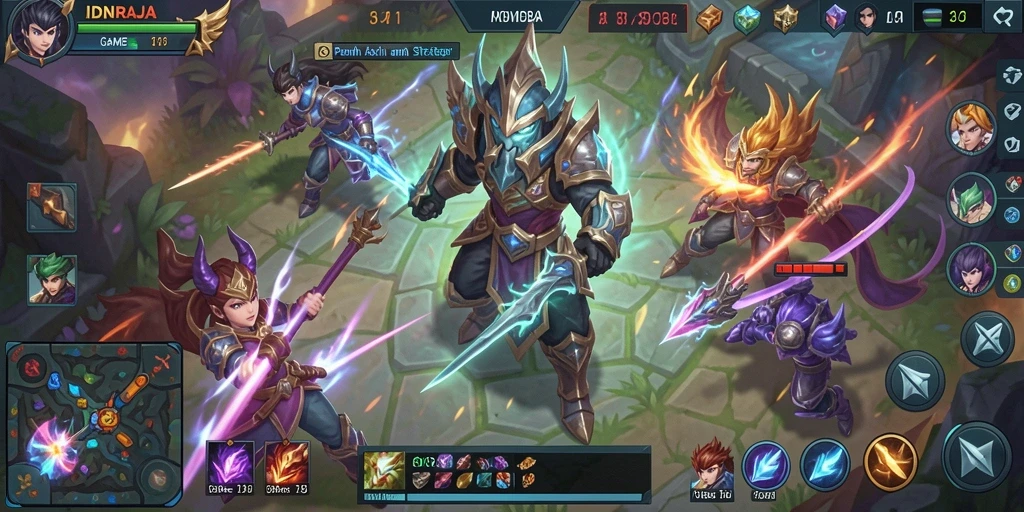 Screenshot menampilkan aksi intens pertempuran MOBA di IDNRAJA.